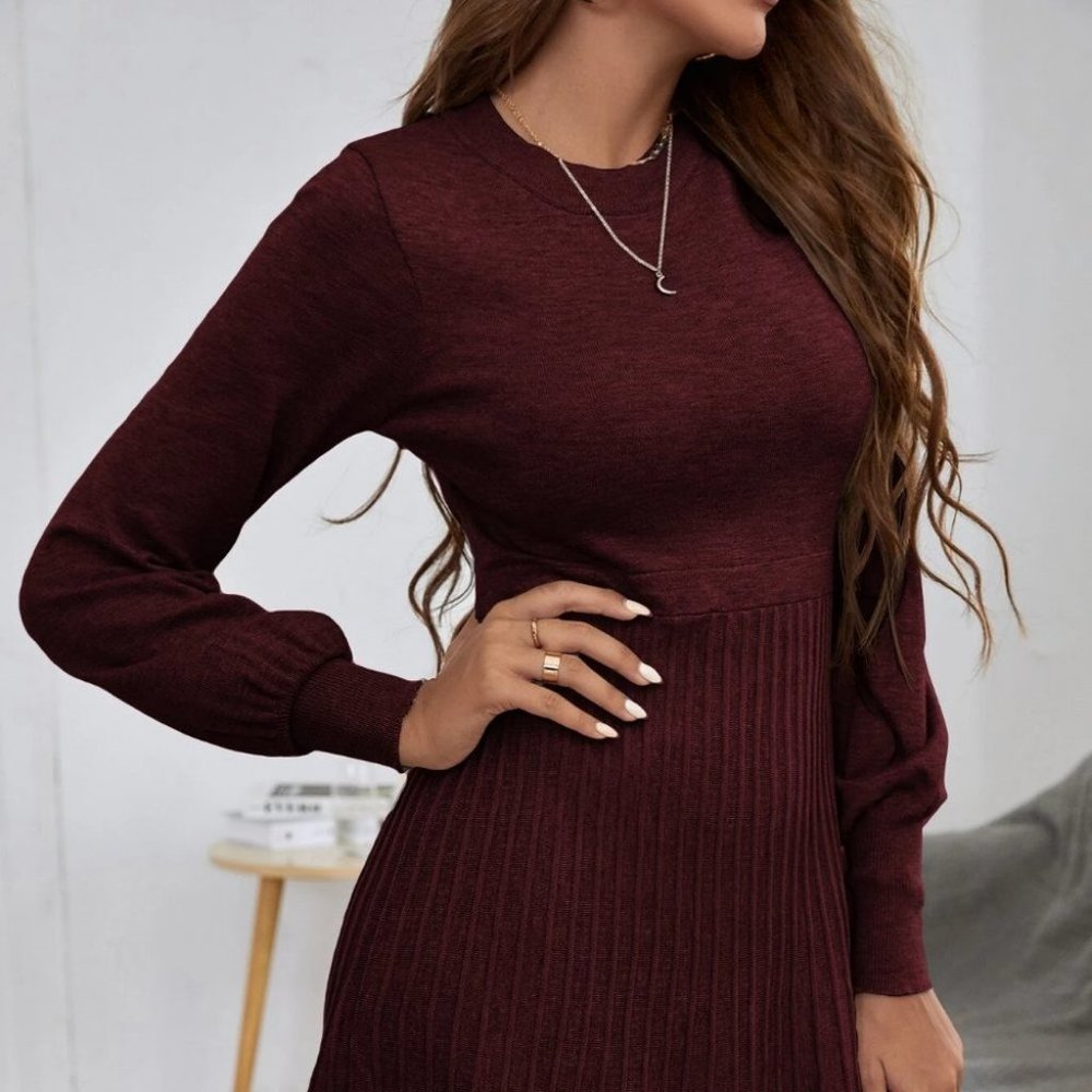 Maroon Preppy Womens Lantern Sleeve Ribbed Knit Pleated Sweater Dress - Picture 5 of 5